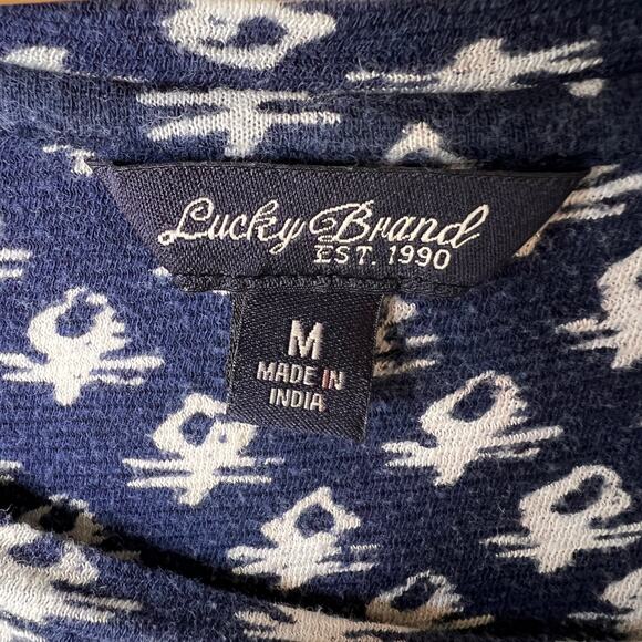 Lucky Brand Top Womens Size Medium Blue & White Geometric with Red Embroidery - Picture 2 of 16